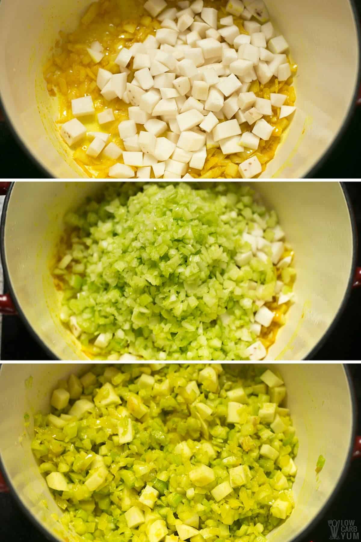 adding chopped turnip and celery