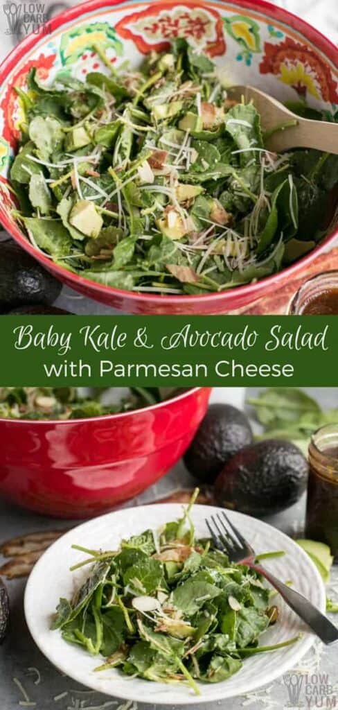 Baby kale avocado salad with parmesan cheese recipe. #lowcarb #keto #weightwatchers #Atkins #ketorecipes #salad #kale | LowCarbYum.com