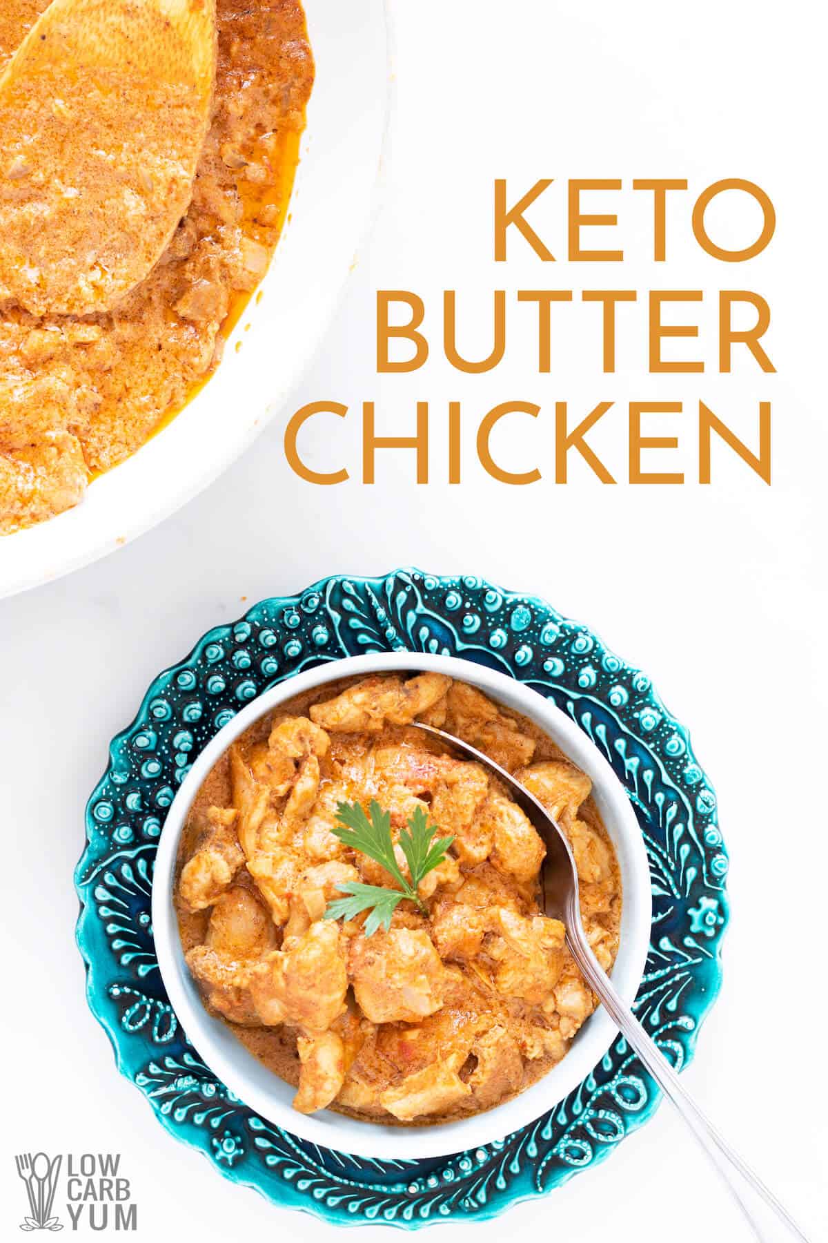 keto butter chicken in blue serving bowl pinterest image