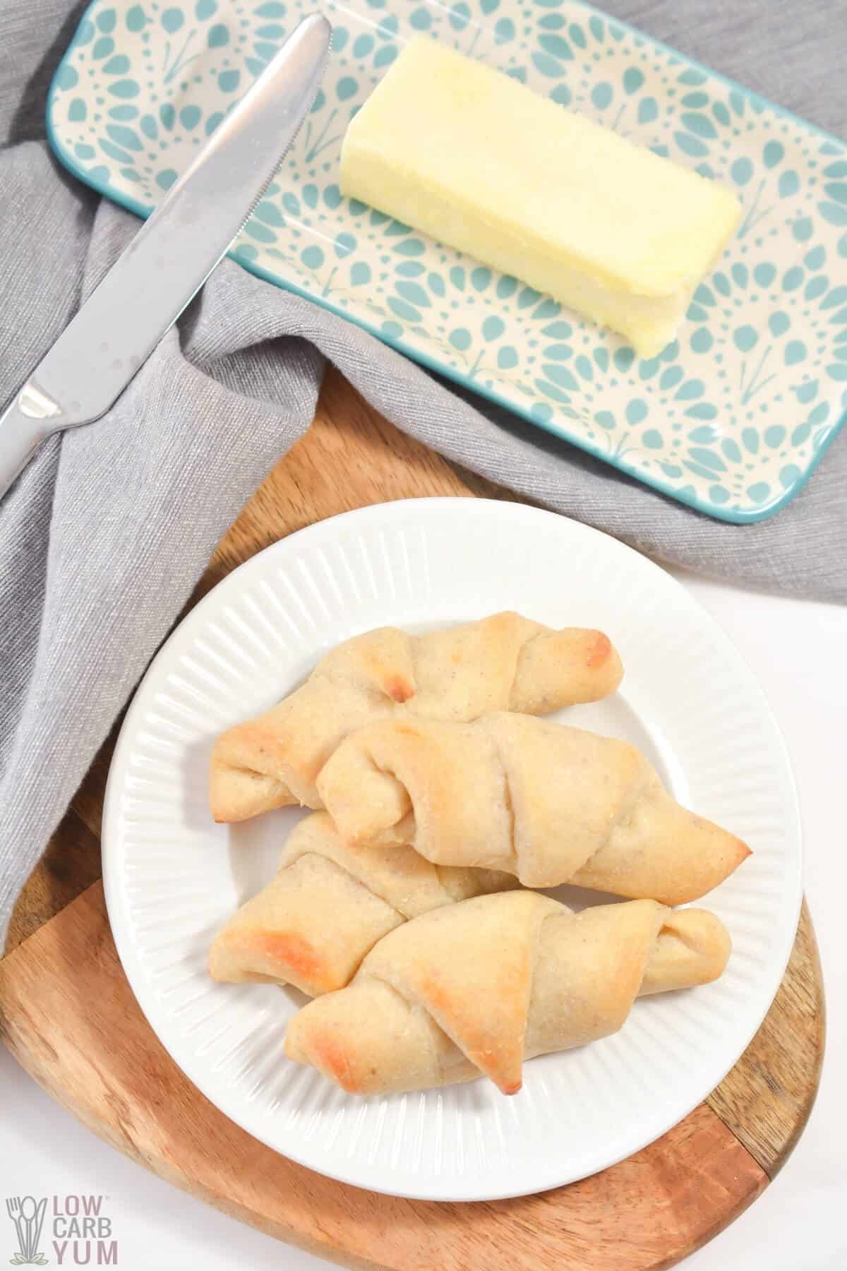keto butter croissants on white plate with butter