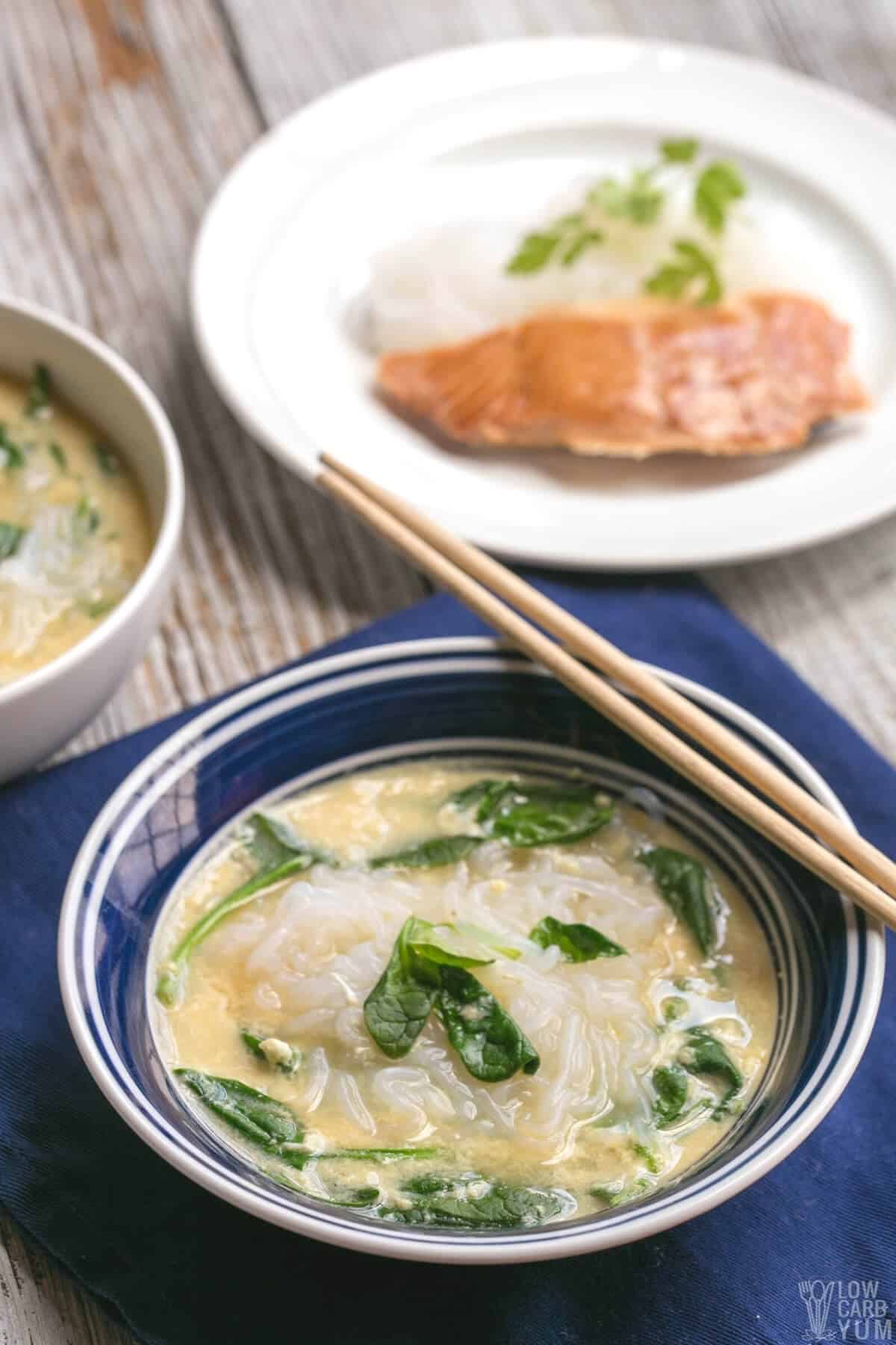 keto ramen noodle soup in bowl with chopsticks