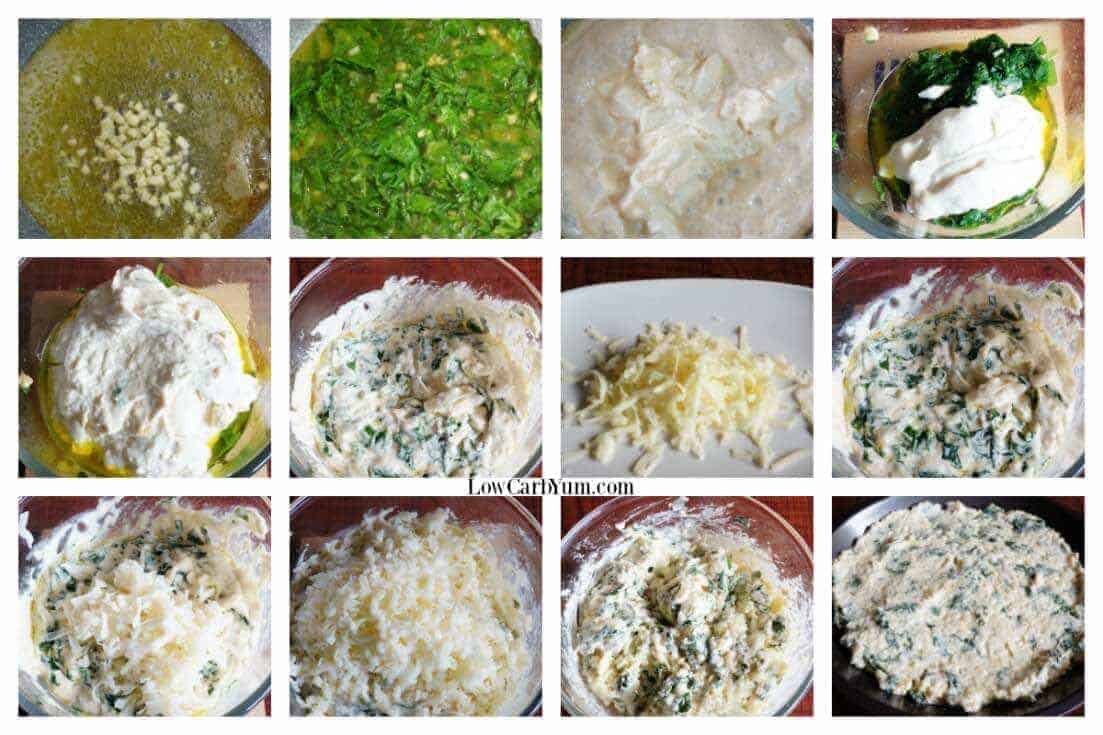 Hot low carb spinach dip with cheese collage