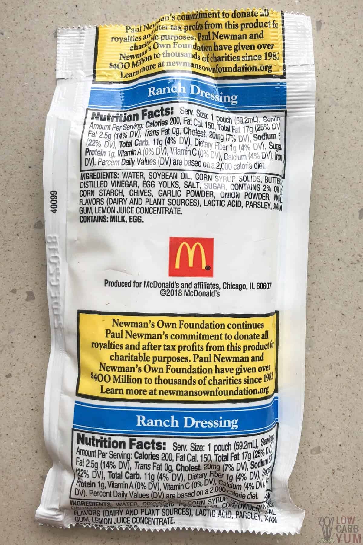 mcdonalds ranch dressing packet label