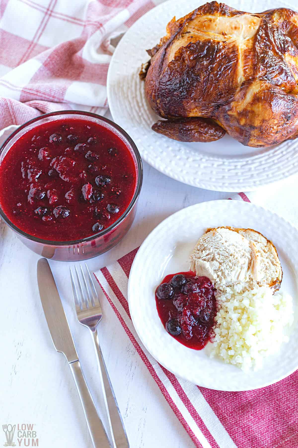 serving cranberry blueberry sauce with turkey and cauliflower rice.